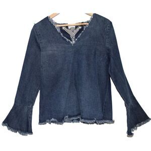 NWOT Womens Moelleux Blue Black White Denim Long Sleeve V-Neck Blouse Top Size M